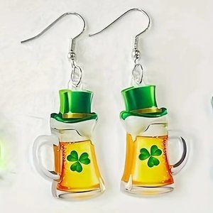 St. Patrick's Day Green Beer Mug Clover dangle earrings